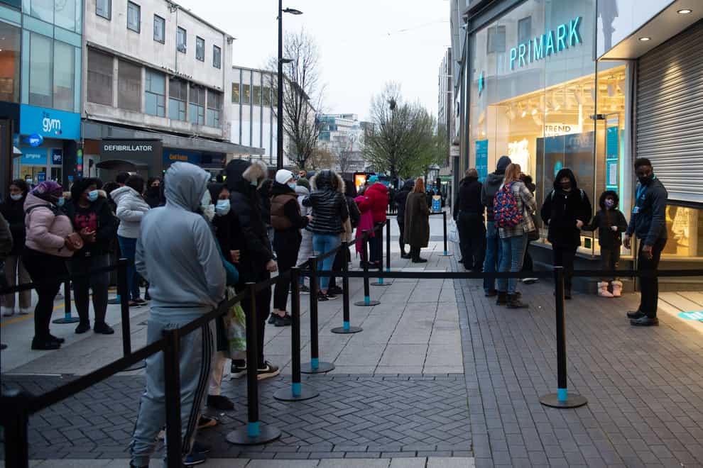 Early morning shoppers at Primark in Birmingham, as lockdown restrictions are eased in England (Jacob King/PA)