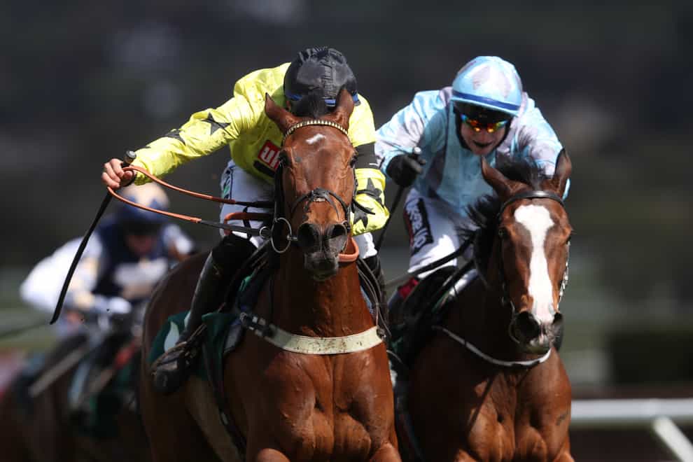 Her Indoors and Adrian Heskin (left) coming home to win the NAF Fillies’ Juvenile Handicap Hurdle at Cheltenham
