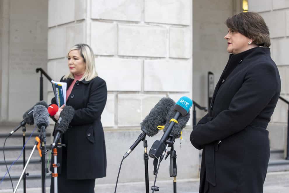 Northern Ireland deputy First Minister Michelle O'Neill (left) and First Minister Arlene Foster during a press conference at Stormont on the pathway to recovery (Liam McBurney/PA)