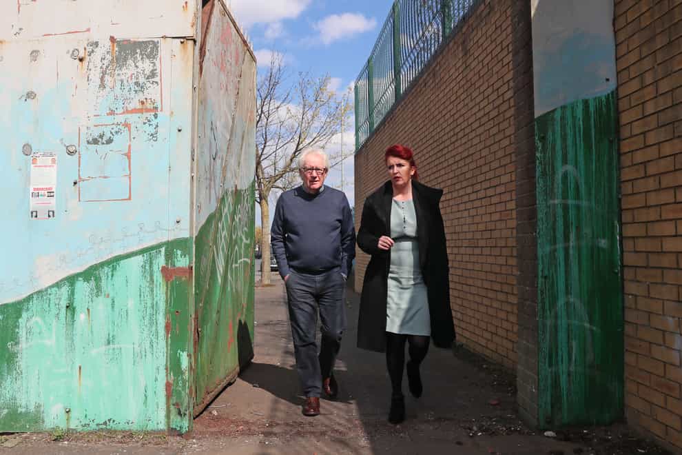 Shadow secretary of state for Northern Ireland Louise Haigh, right, alongside community worker Jackie Redpath during a visit to a community interface on Lanark Way between the loyalist Shankill Road and nationalist Springfield Road in Belfast