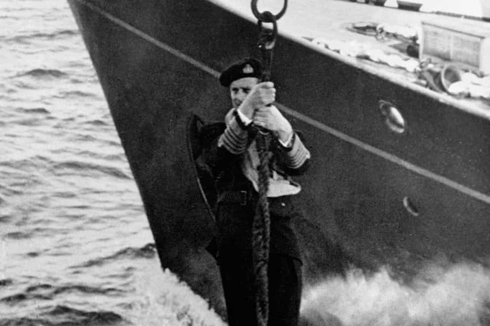 The Duke of Edinburgh transferring ships by jackstay in 1955