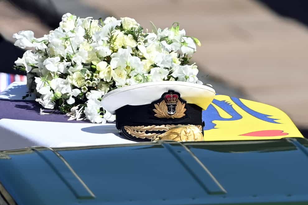 The Duke of Edinburgh’s coffin, covered with his personal standard