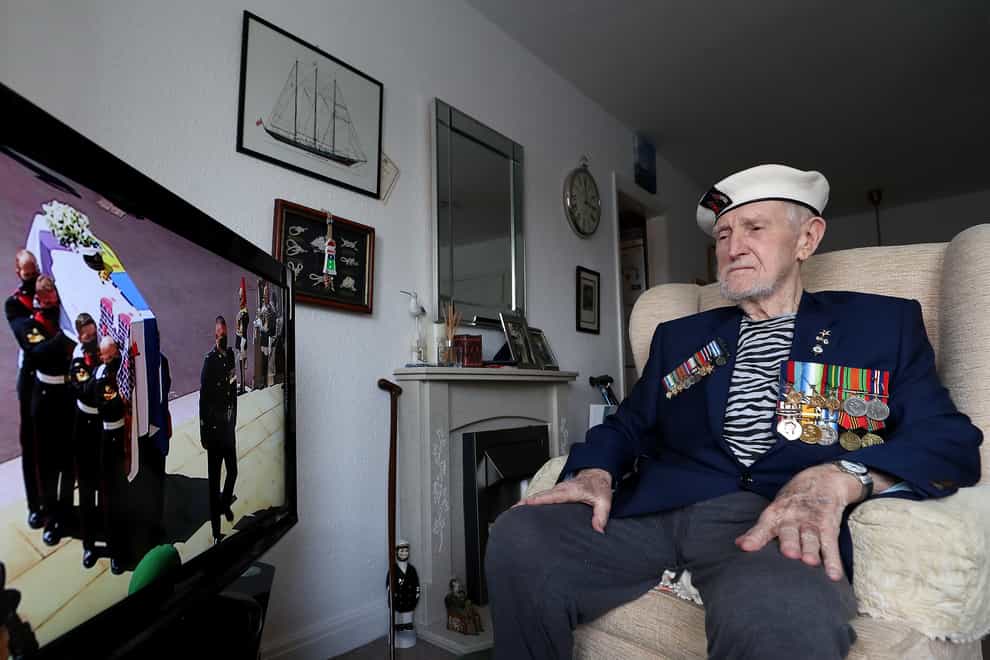 Malcolm Clerc, 94, watches the funeral of the Duke of Edinburgh