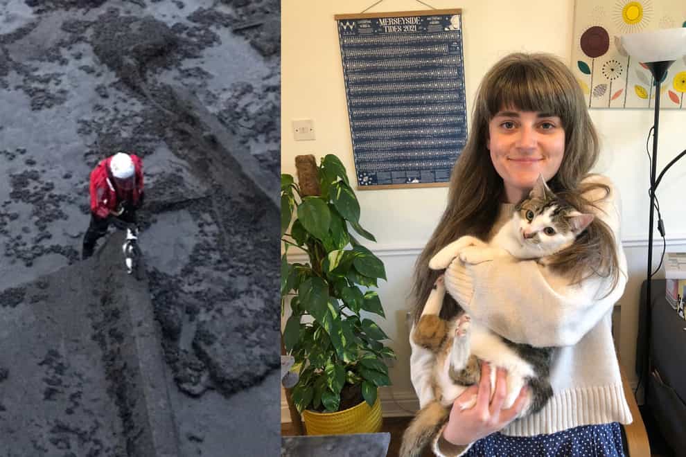 Ollie, a one-year-old cat, was rescued after falling 40 feet into the River Mersey. Collage shows two pictures - the picture on the left shows Ollie being rescued by a person in a red jacket, the picture on the right shows Ollie being held by owner Emma Tarpey