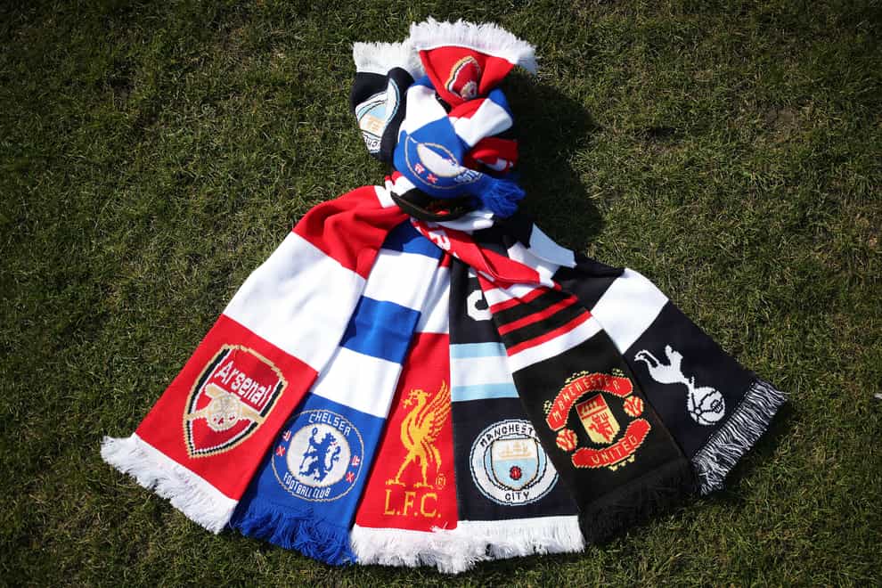 A selection of scarves pictured at Hackney Marshes, London, of the English soccer Premier League teams (left-right) Arsenal, Chelsea, Liverpool, Manchester City, Manchester United and Tottenham Hotspur, who announced in a joint statement they are to join a new European Super League