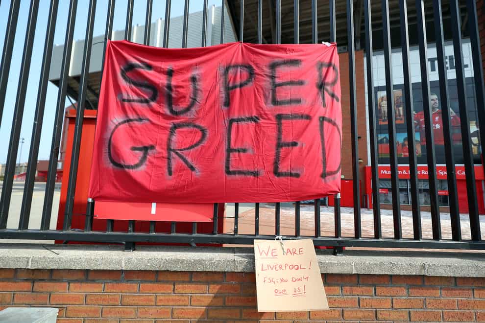 A banner outside Anfield in Liverpool protesting about the club's decision to join a Super League