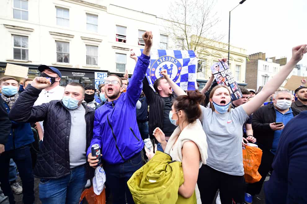 Chelsea fans stage an anti-Super League protest outside Stamford Bridge