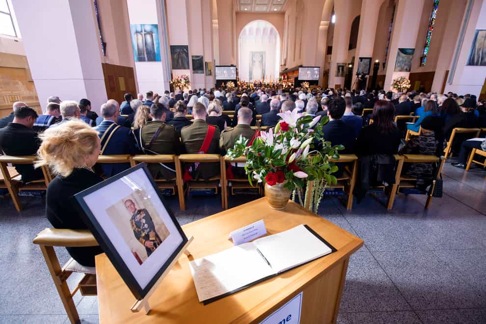 A portrait of Philip is displayed during a national memorial service in Wellington,