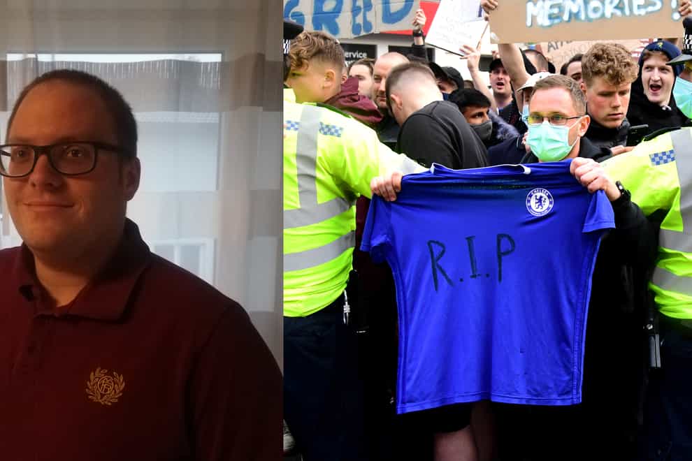 Alexander Fischer from Club No.12 – an organisation representing Bayern Munich fans - wearing glasses and a red t shirt, and Chelsea fans protest outside Stamford Bridge, with a fan holding a Chelsea shirt which says 'R.I.P' between two police officers