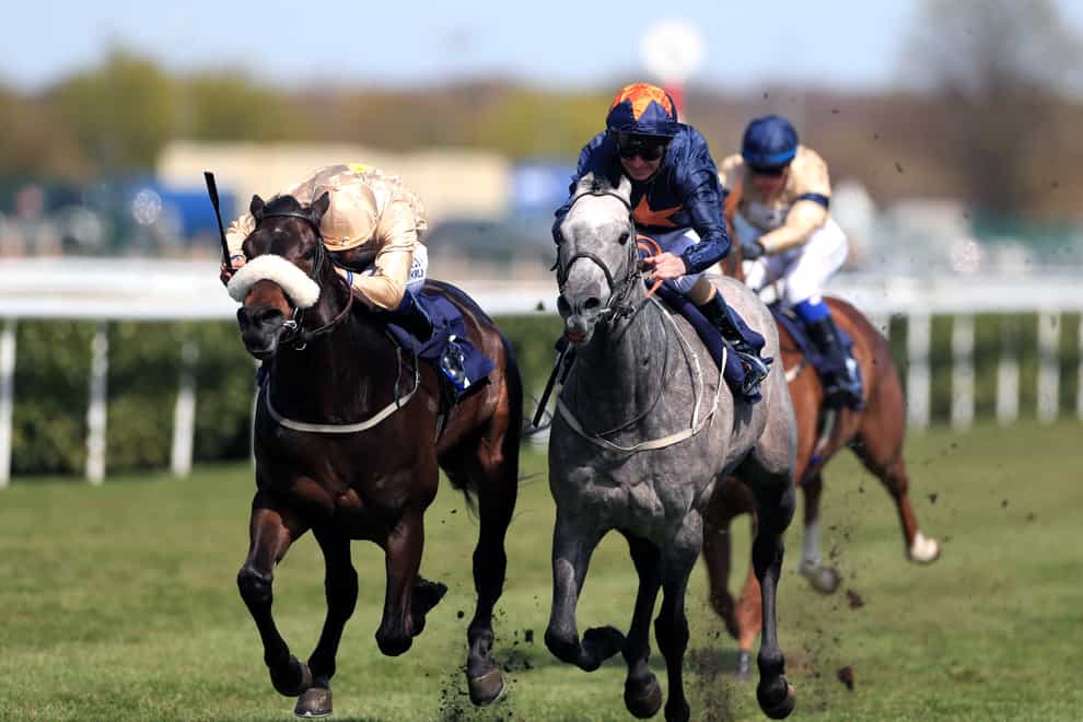 Seven Brothers ridden by Kevin Stott (left) on their way to winning the attheraces.com Handicap at Doncaster Racecourse