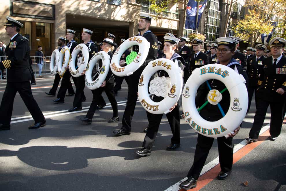 Naval personnel march during the Anzac Day parade in Sydney, Australia