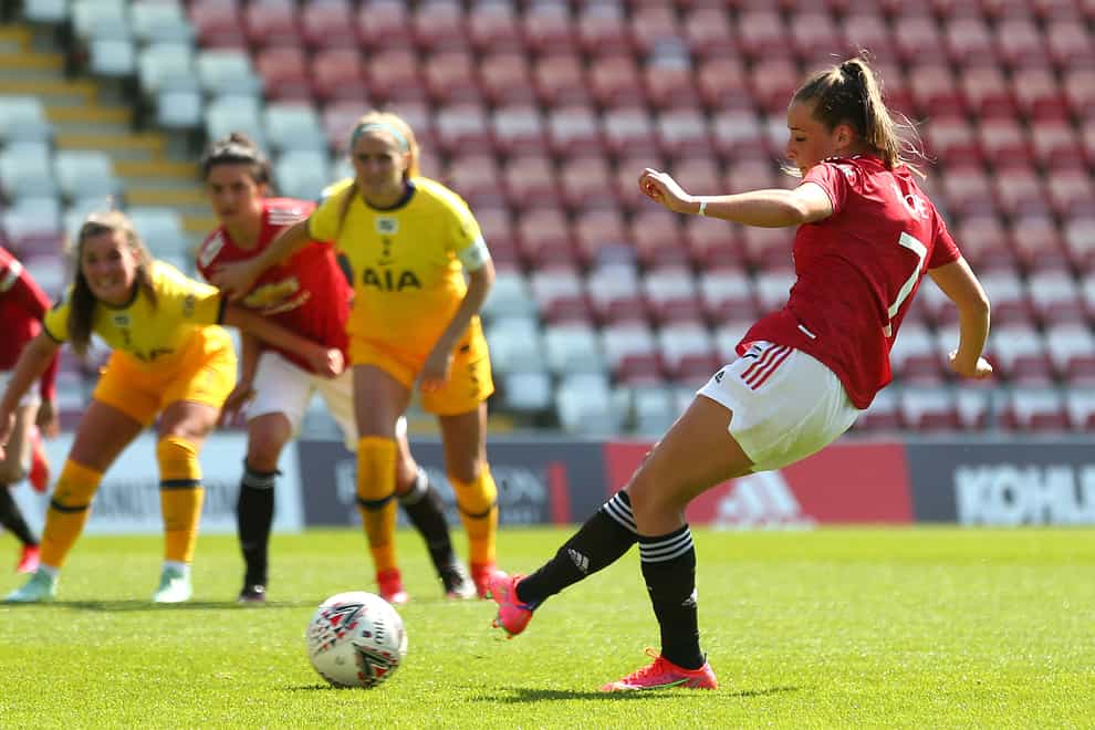 Ella Toone fires home her second of the match from the penalty spot in Manchester United Women's 4-1 WSL win over Tottenham Women.