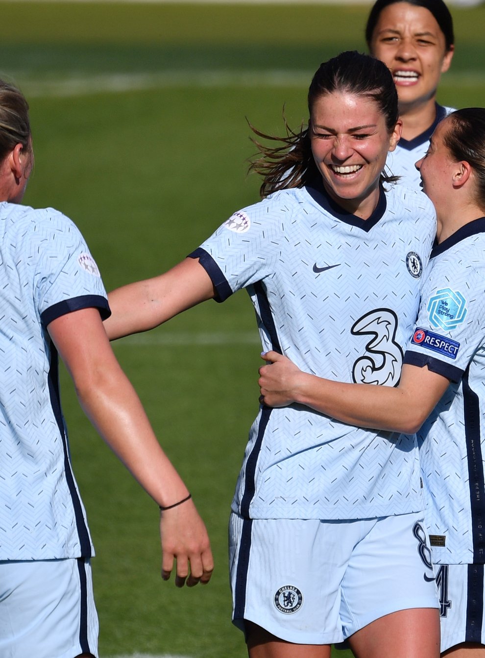 Chelsea’s Melanie Leupolz (centre) celebrates scoring what could be a crucial away goal