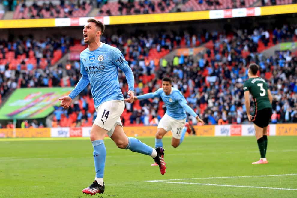 Aymeric Laporte celebrates scoring Manchester City's winner