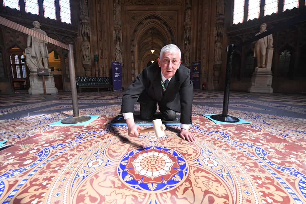 Speaker of the House of Commons, Sir Lindsay Hoyle, with the restored tiled floors in Parliament (Jessica Taylor/UK Parliament/PA)