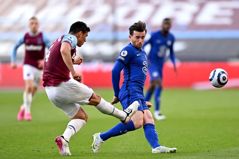 West Ham's Fabian Balbuena, left, was controversially sent off after catching Chelsea’s Ben Chilwell with his studs