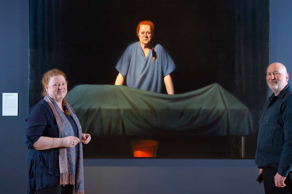 Professor Dame Sue Black with Ken Currie and the Unkonwn Man portrait