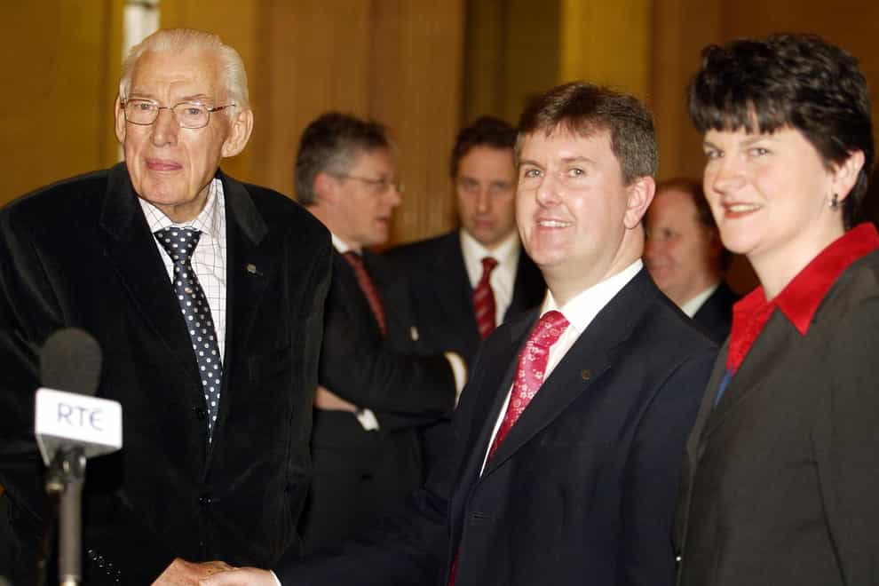 Lagan Valley MP Jeffrey Donaldson (centre) and ex-Ulster Unionist Arlene Foster (right) with the Rev Ian Paisley, then leader of the Democratic Unionists, at Stormont (Paul Faith/PA)