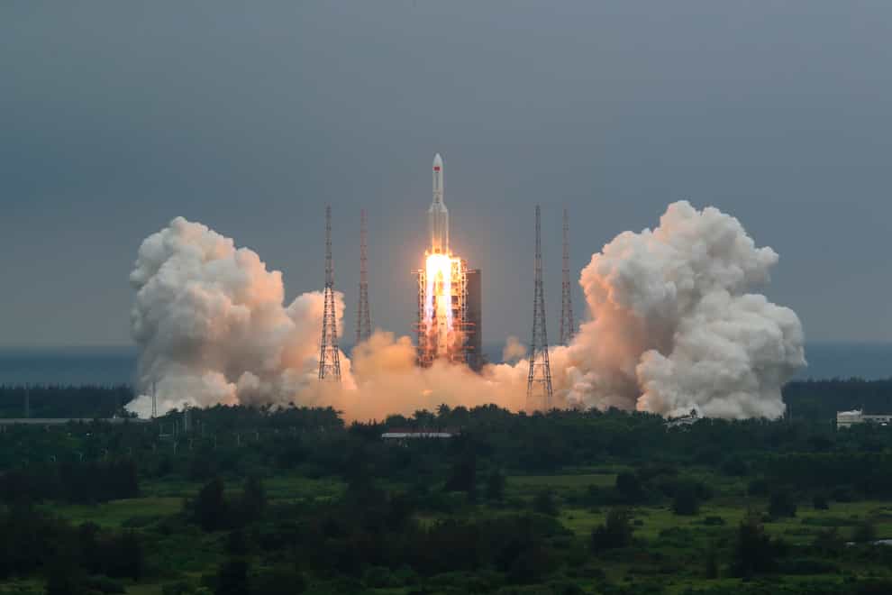 A Long March 5B rocket carrying a module for a Chinese space station lifts off from the Wenchang Spacecraft Launch Site in Wenchang in southern China's Hainan Province