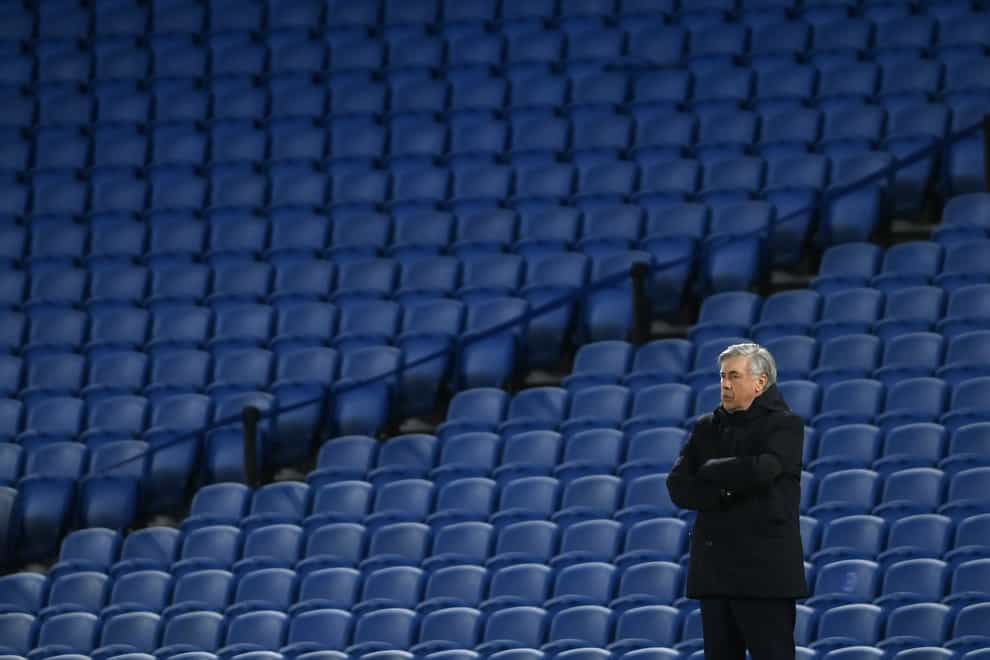 Everton manager Carlo Ancelotti in front of an empty stand