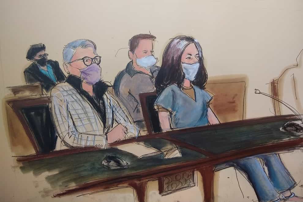 In this courtroom sketch, Ghislaine Maxwell, far right, appears in Manhattan Federal court seated next to her attorney Bobbi C. Sternheim (Elizabeth Williams/AP)