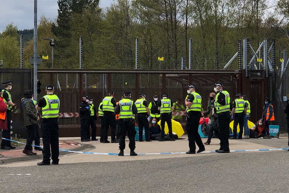 Police and protesters at Faslane