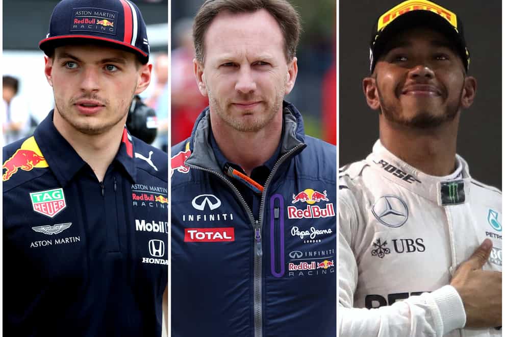 Christian Horner, centre, believes Max Verstappen's rivalry with Lewis Hamilton could boil over