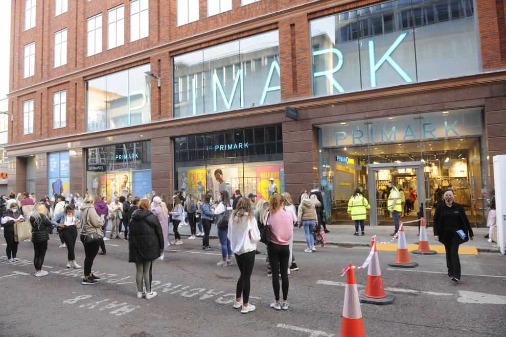 Shoppers queue outside Primark in Belfast as shops reopen and hospitality is able to open outdoors in Northern Ireland