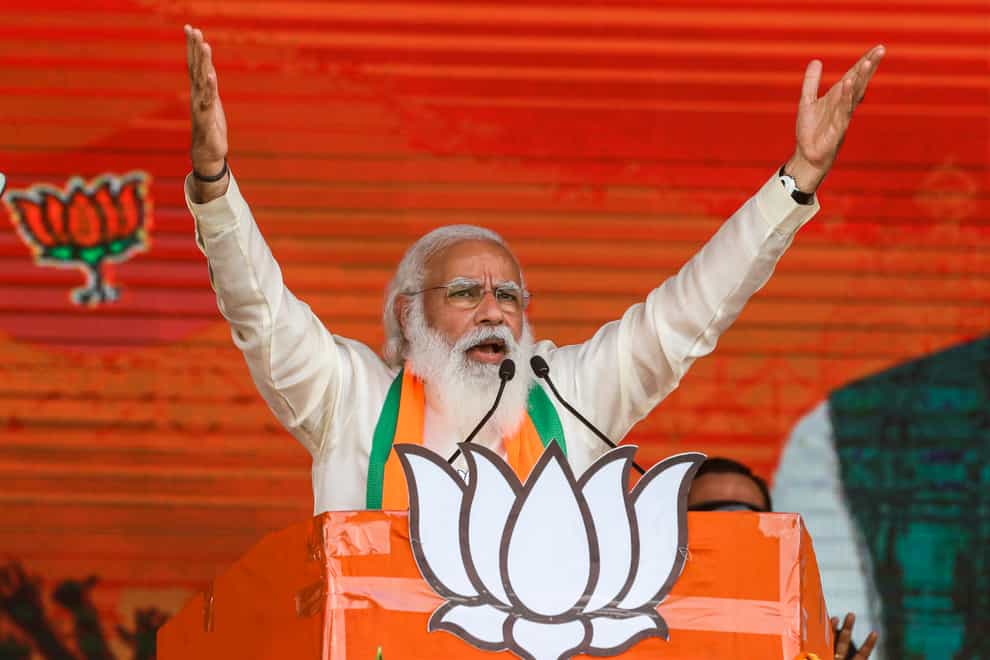 Indian Prime Minister Narendra Modi addresses a public rally ahead of West Bengal state elections in Kolkata, India