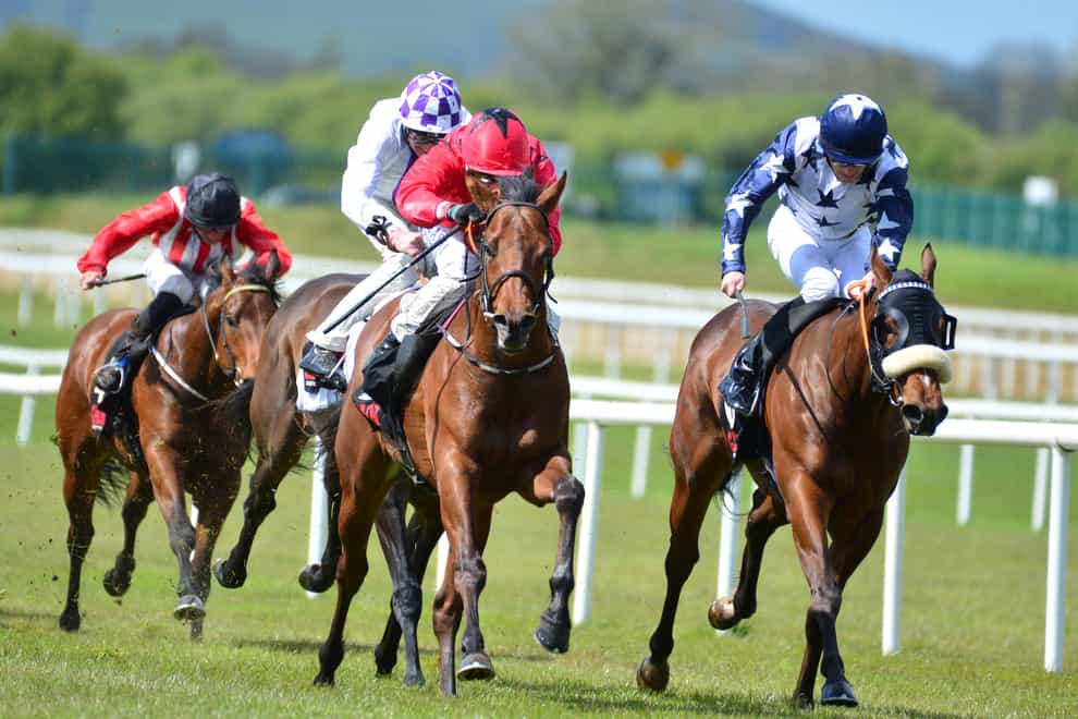 Castle Star ridden by jockey Chris Hayes (centre) wins the GAIN First Filer Stakes race at the Curragh