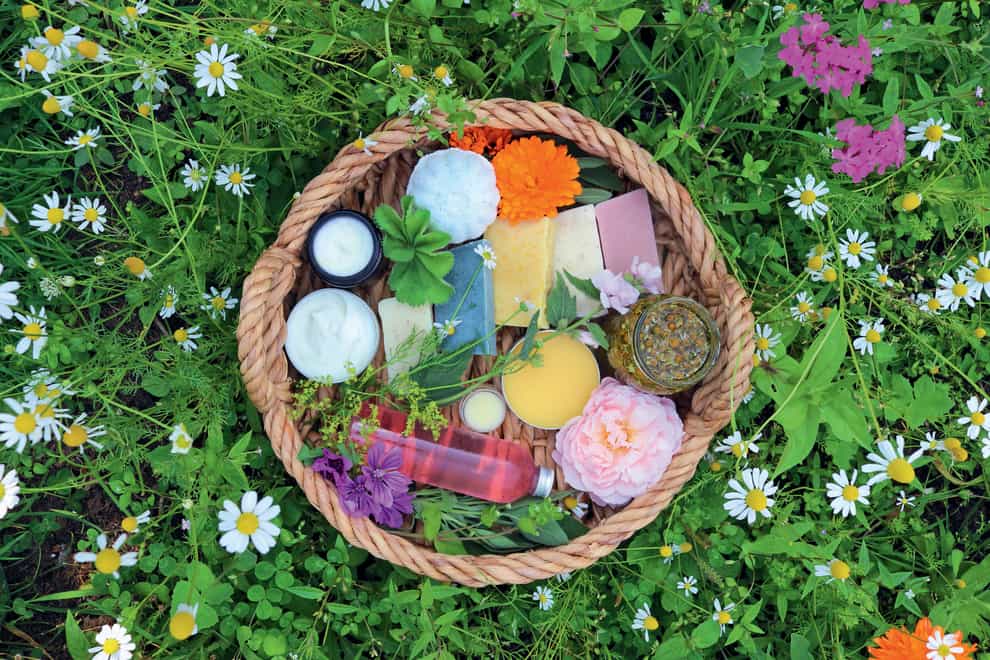 Natural skincare products in a basket