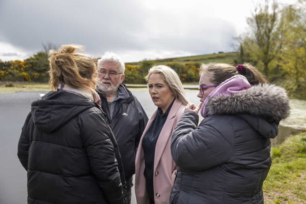 Lisa Dorrian’s family, (left to right) sister Michelle, father John, sister Joanne, and sister Ciara, attending a media briefing at The Clay Pits, Ballyhalbert, Northern Ireland. Detective Superintendent Jason Murphy, who is leading the investigation into the disappearance and murder of Lisa Dorrian in February 2005, has updated members of the media on a large scale search operation currently taking place (Liam McBurney/PA)