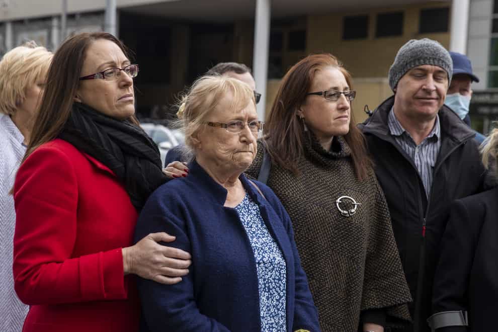 Joe McCann's family, (left to right) daughter Maura, widow Anne, daughter Aine, and son Fergal, during a press conference outside Laganside Court in Belfast