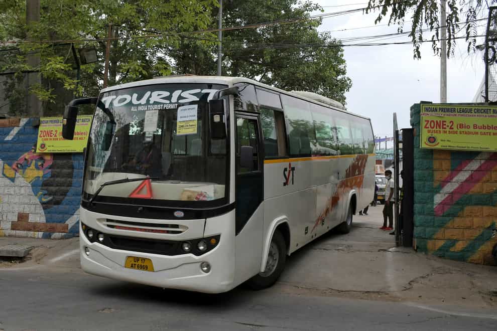 A bus assigned for transporting the members of broadcast team leaves Arun Jaitley Stadium