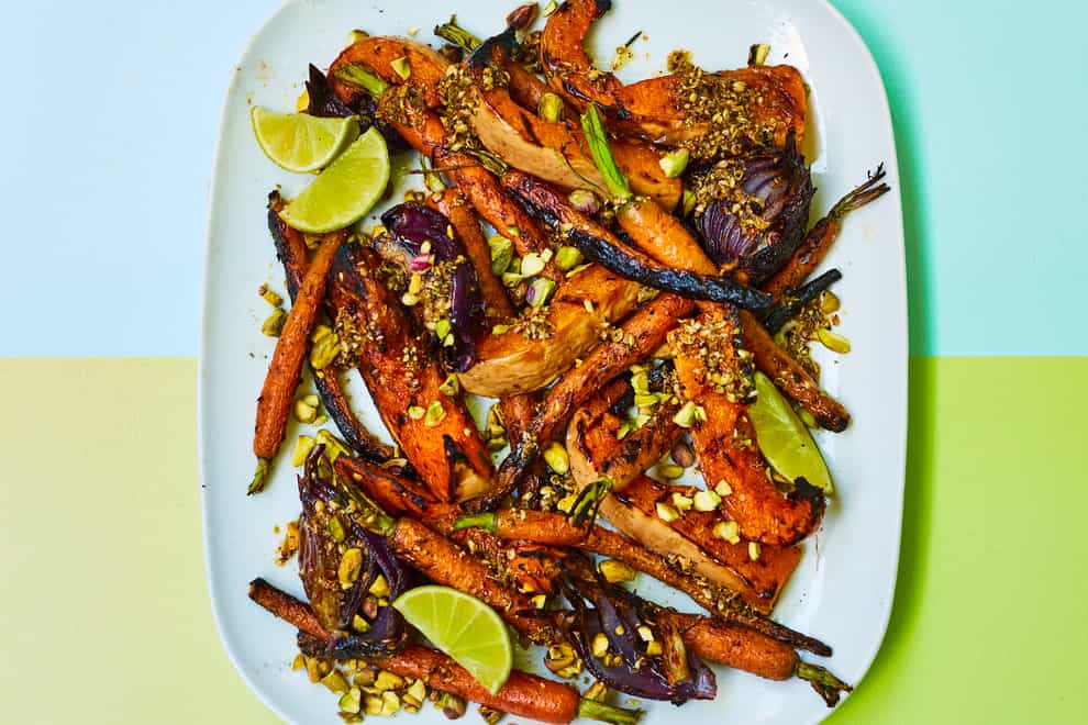 Squash with charred carrots, red onions, coriander seeds, pistachios and lime recipe