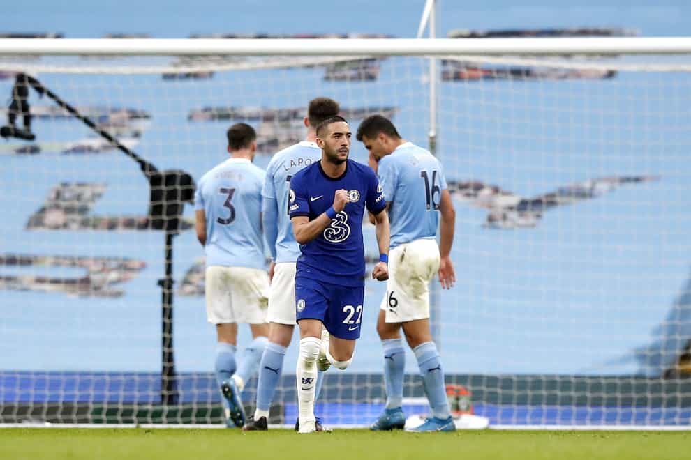 Chelsea’s Hakim Ziyech celebrates scoring against Manchester City