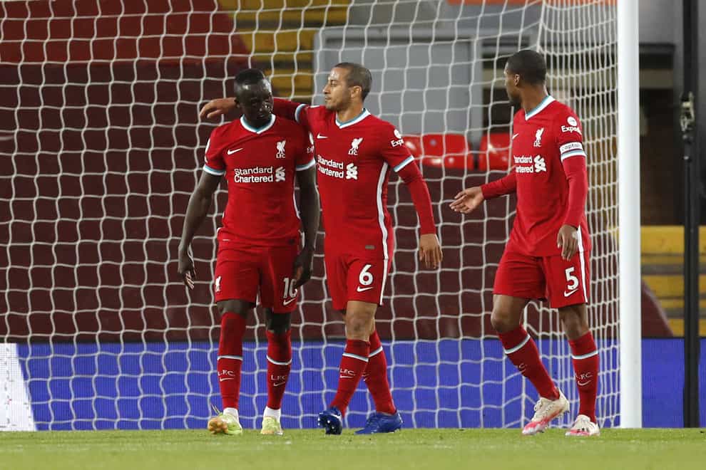 Sadio Mane, left, and Thiago Alcantara, centre, scored Liverpool's goals against Southampton