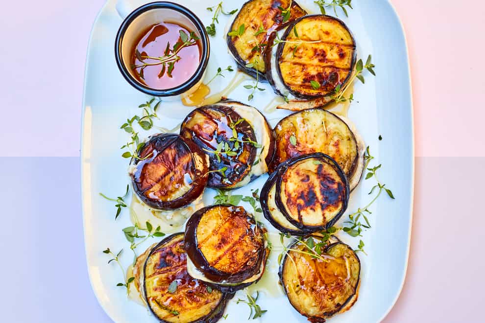 Aubergine and goat’s cheese burger stacks with honey and thyme recipe
