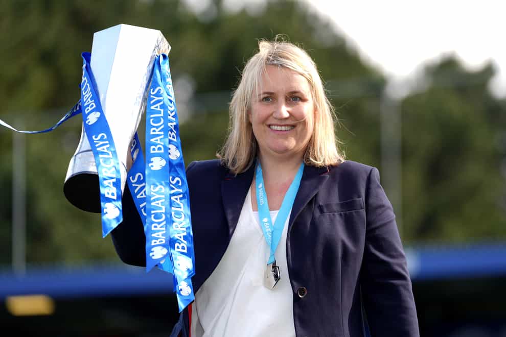 Chelsea manager Emma Hayes celebrates with the Women’s Super League trophy
