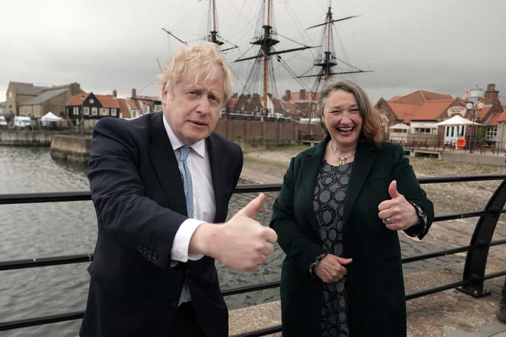 Prime Minister Boris Johnson and newly elected MP Jill Mortimer at Jacksons Wharf in Hartlepool, County Durham, following Ms Mortimer’s victory in the Hartlepool parliamentary by-election