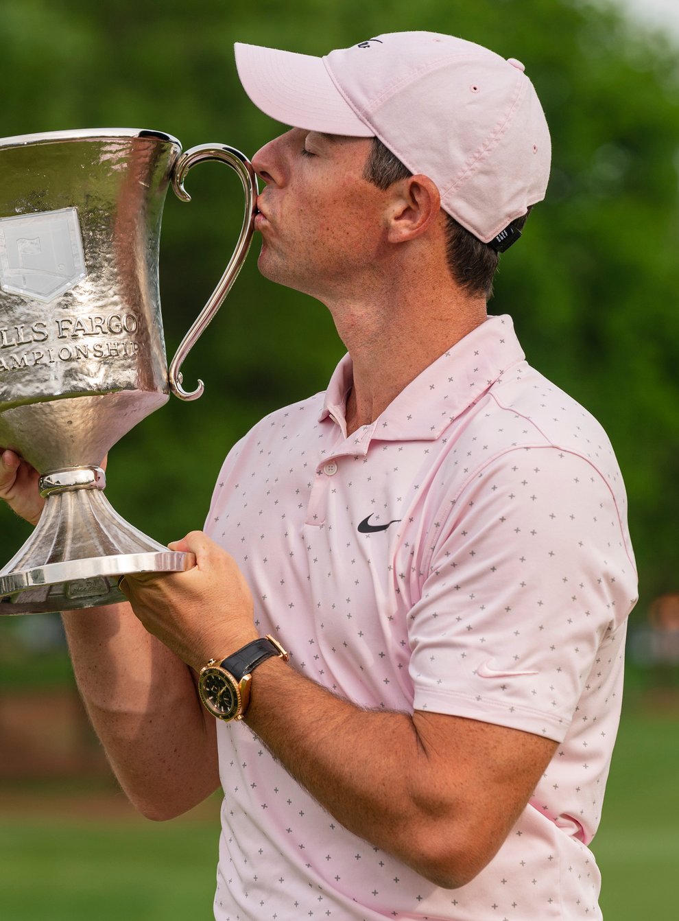 Rory McIlroy holds the trophy after winning the Wells Fargo Championship at Quail Hollow