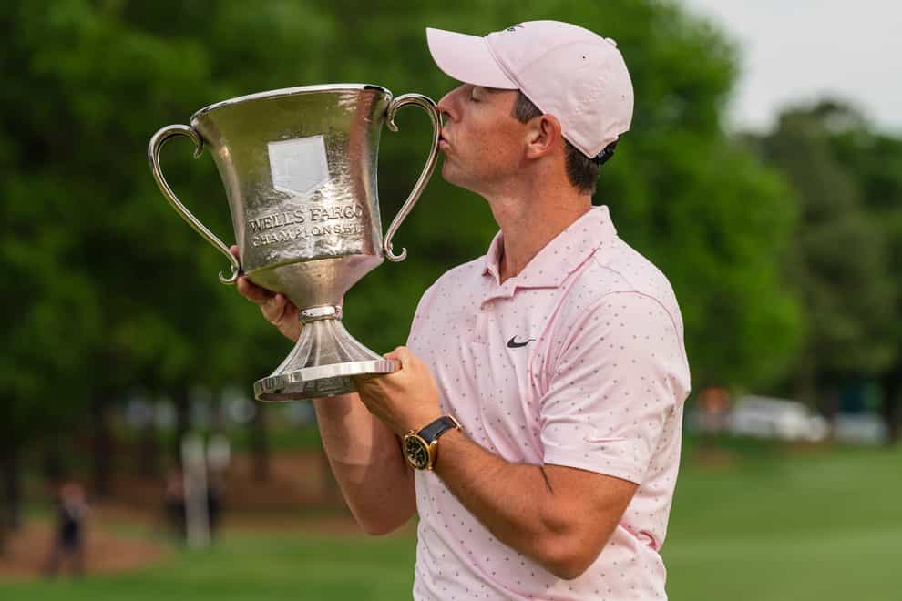 Rory McIlroy holds the trophy after winning the Wells Fargo Championship at Quail Hollow