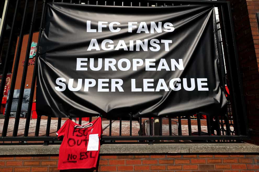 A banner outside Anfield opposing Liverpool's involvement in the European Super League