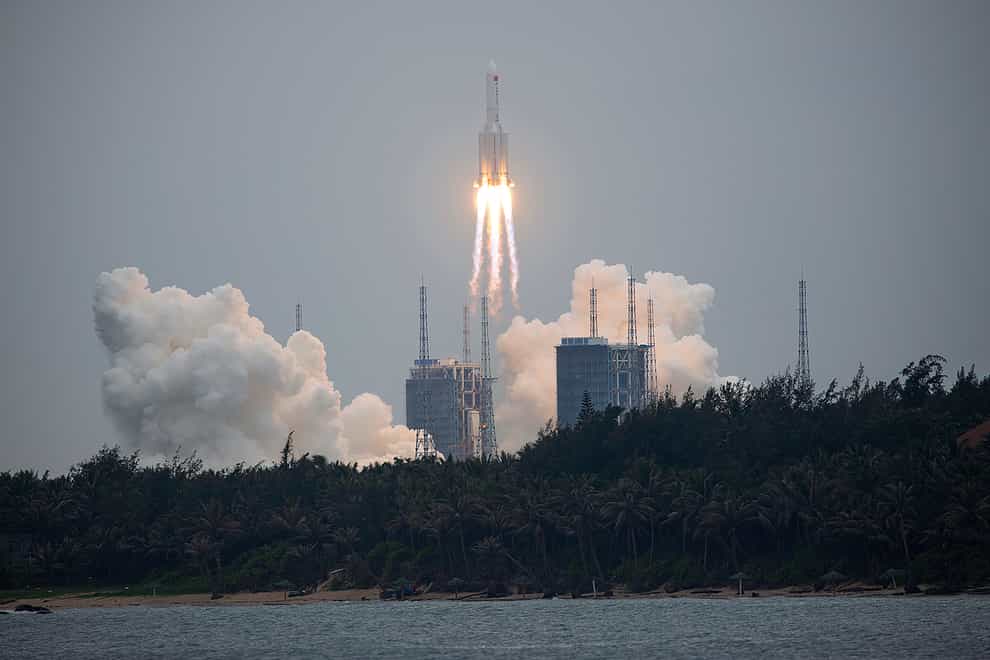 A Long March 5B rocket carrying a module for a Chinese space station lifts off from the Wenchang Spacecraft Launch Site in Wenchang in southern China’s Hainan Province in April