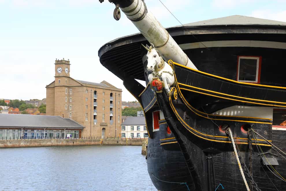 HMS Unicorn on Victoria Dock in the city of Dundee, used as a marina and part of the City Quay redevelopment, on Tayside, in Scotland, UK