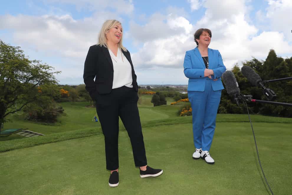 Arlene Foster and Michelle O’Neill at Clandeboye Golf Club