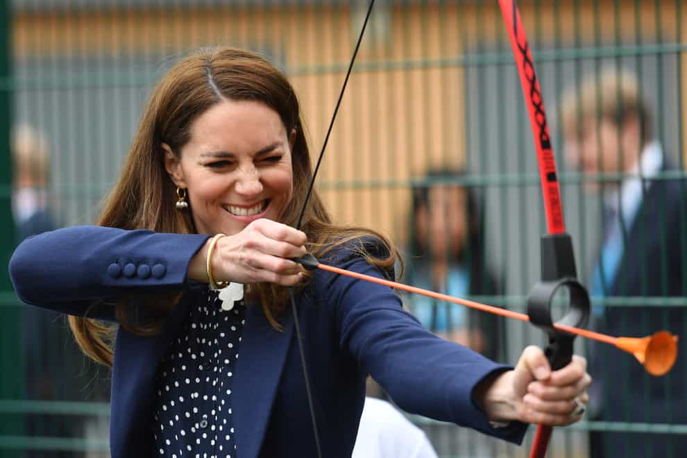 The Duchess of Cambridge at an archery session during a visit to The Way Youth Zone in Wolverhampton, West Midlands (Jacob King/PA)