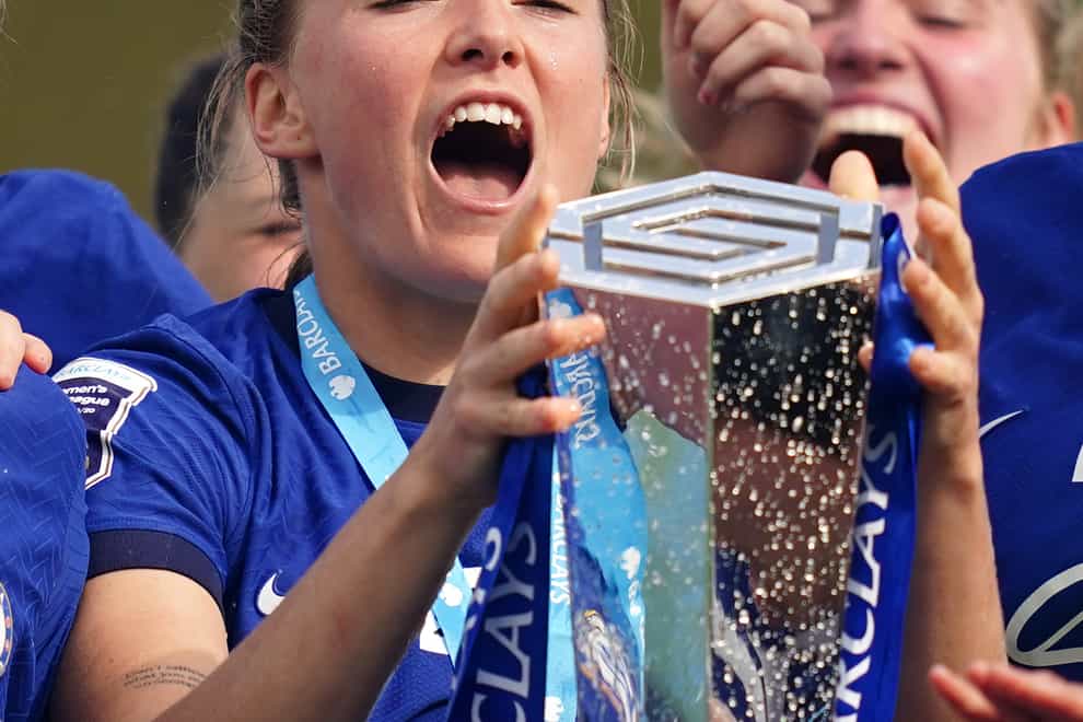 Magda Eriksson celebrates with the WSL trophy on Sunday