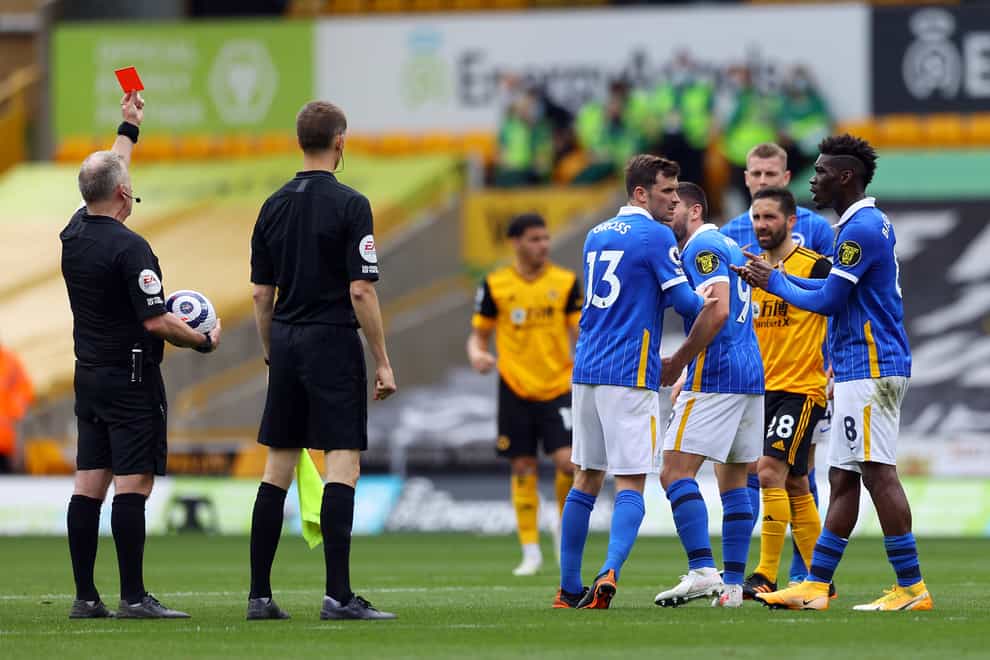 Neal Maupay, number nine, was sent off after the full-time whistle for Brighton at Wolves