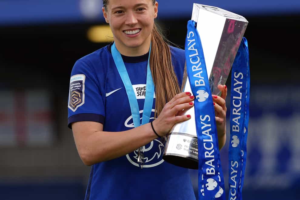 Chelsea’s Fran Kirby celebrates with the FA Women’s Super League trophy